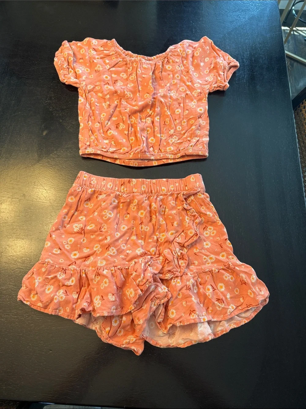 Two-Piece Coral Floral Crop Top and Ruffle Shorts Set